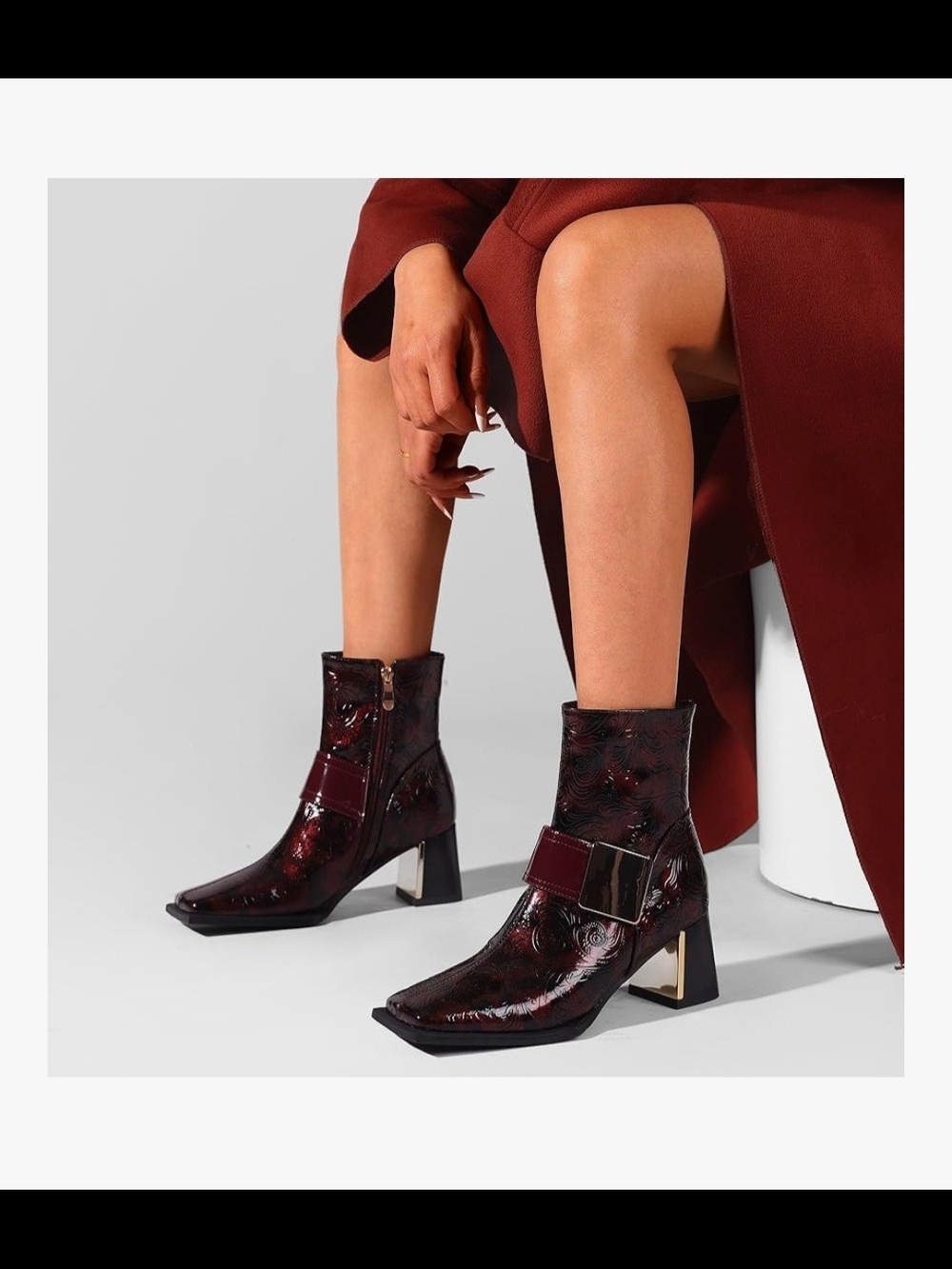 Burgundy Patent Leather Ankle Boots with Gold Buckle! Look At The HEEL TOO!!